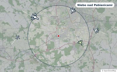 Mapa okolic miasta z sylwetkami samolotów — Niebo nad Pabianicami na żywo