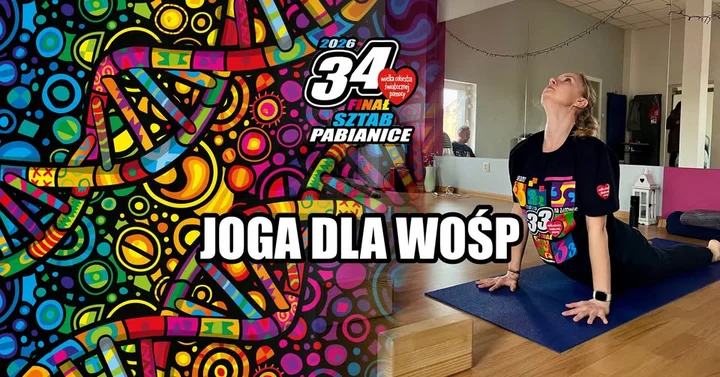 Grafika promocyjna wydarzenia Joga dla WOŚP — 34 powitań słońca na 34. Finale WOŚP w Pabianicach