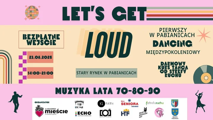 Obrazek przedstawia grafikę promocyjną wydarzenia Międzypokoleniowy dancing na Starym Rynku w Pabianicach