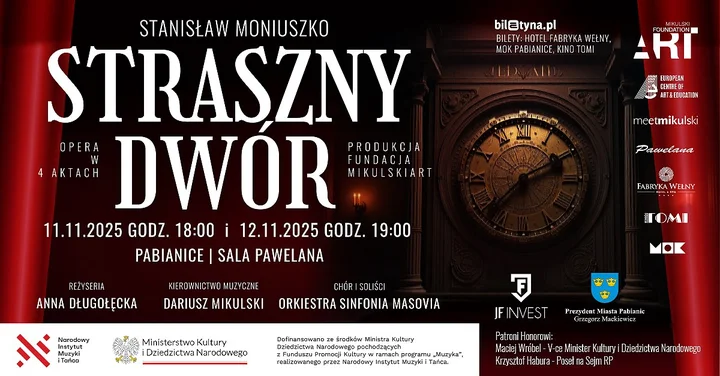 Obrazek przedstawia grafikę promocyjną wydarzenia Moniuszko w Pabianicach — „Straszny Dwór” w inscenizacji Anny Długołęckiej