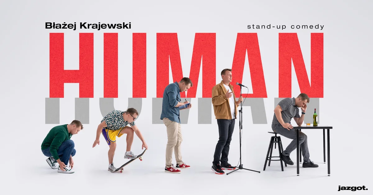 Grafika promocyjna wydarzenia Stand-up Błażeja Krajewskiego w Pabianicach – program "Human"