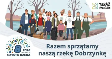 Grafika promocyjna wydarzenia Operacja Czysta Rzeka — wiosenne sprzątanie brzegów Dobrzynki
