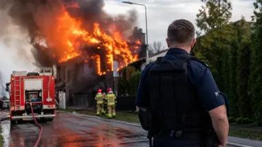 Strażacy gaszą pożar kamienicy, na pierwszym planie stoi policjant odwrócony plecami.